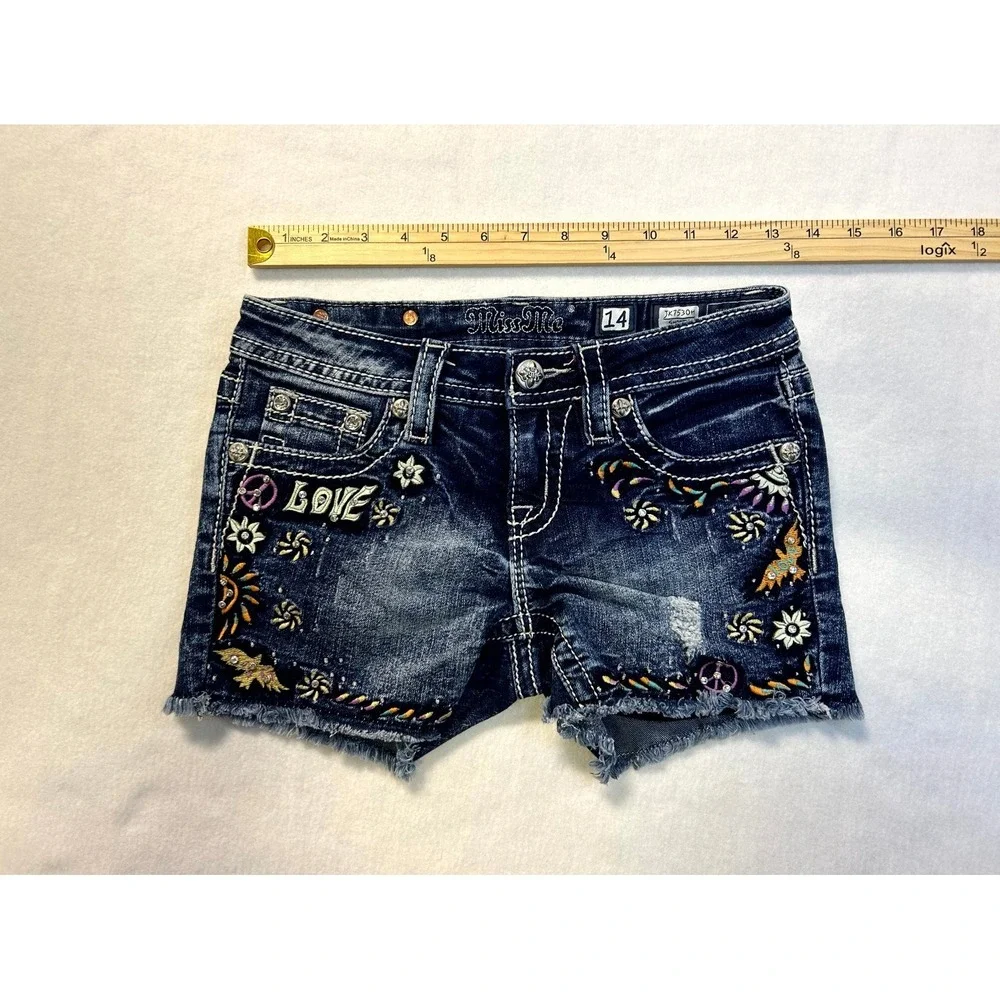 Miss Me Embellished Embroidered Cutoff Denim Shorts Distressed Girls Size 14 - Picture 15 of 15